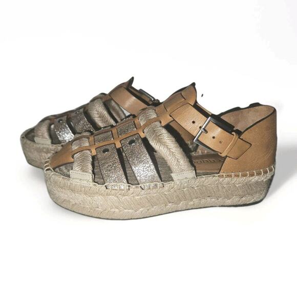 EUC TORY BURCH Fisherman Platform Espadrille Sandals Ivory Tan Leather Wedge 6.5 - Picture 2 of 12